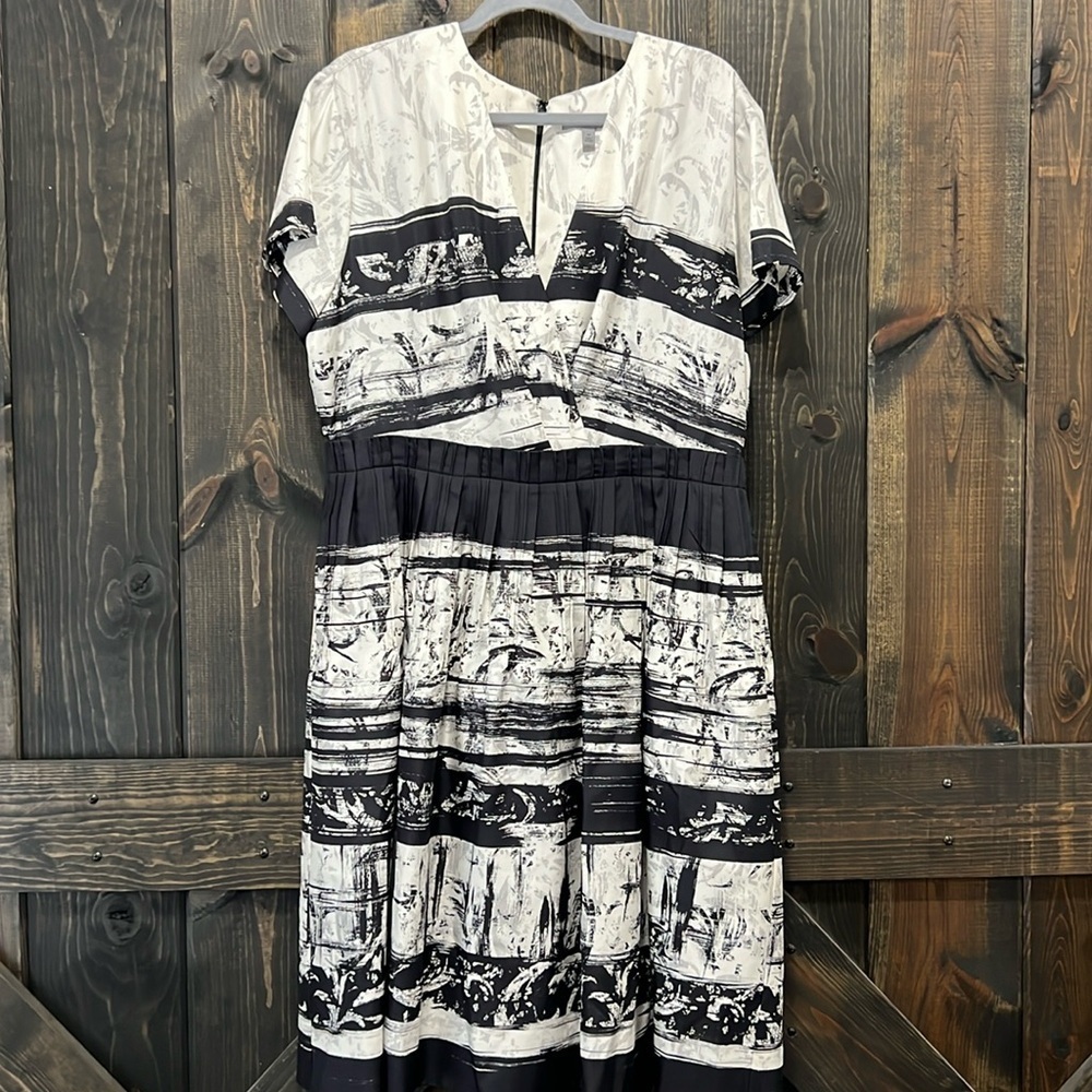 Classiques Entier Black White Silk Midi Dress 16 Abstract Empire Pleated Artsy